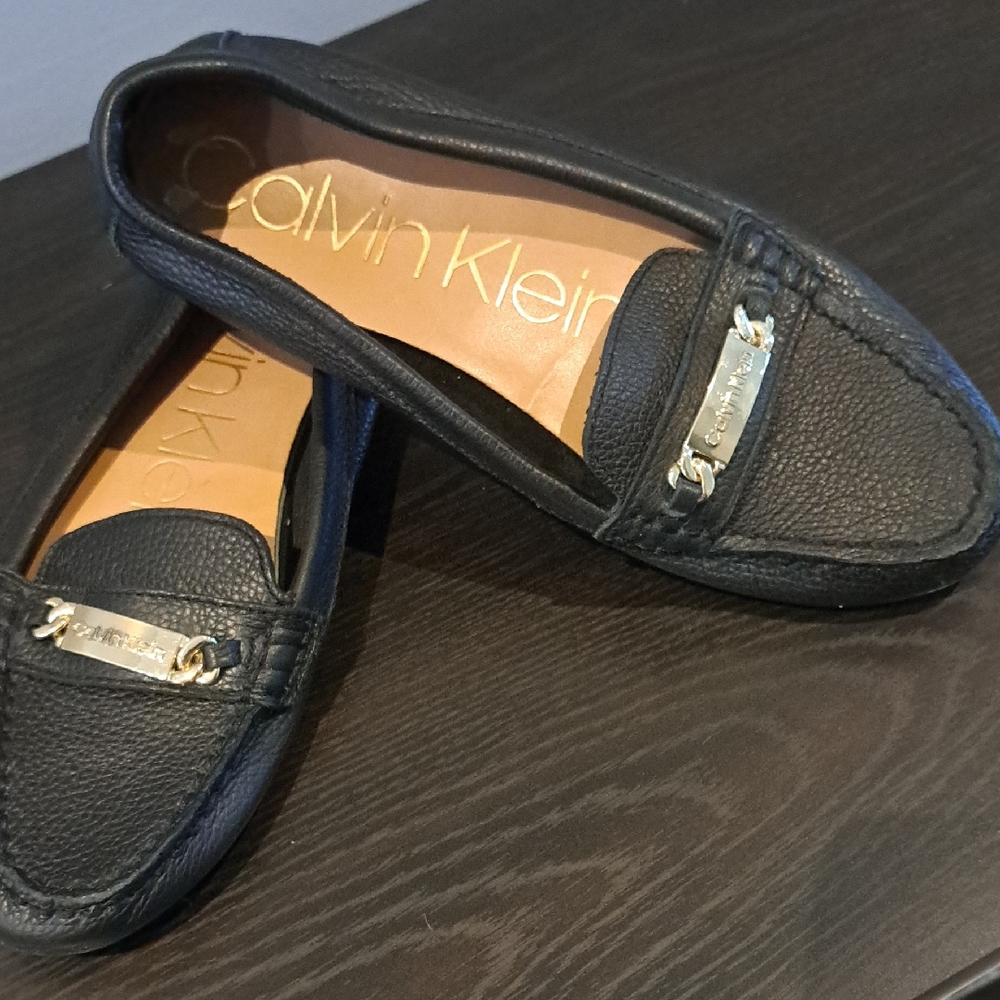 Calvin Klein Black Leather Loafers with Metal Accent